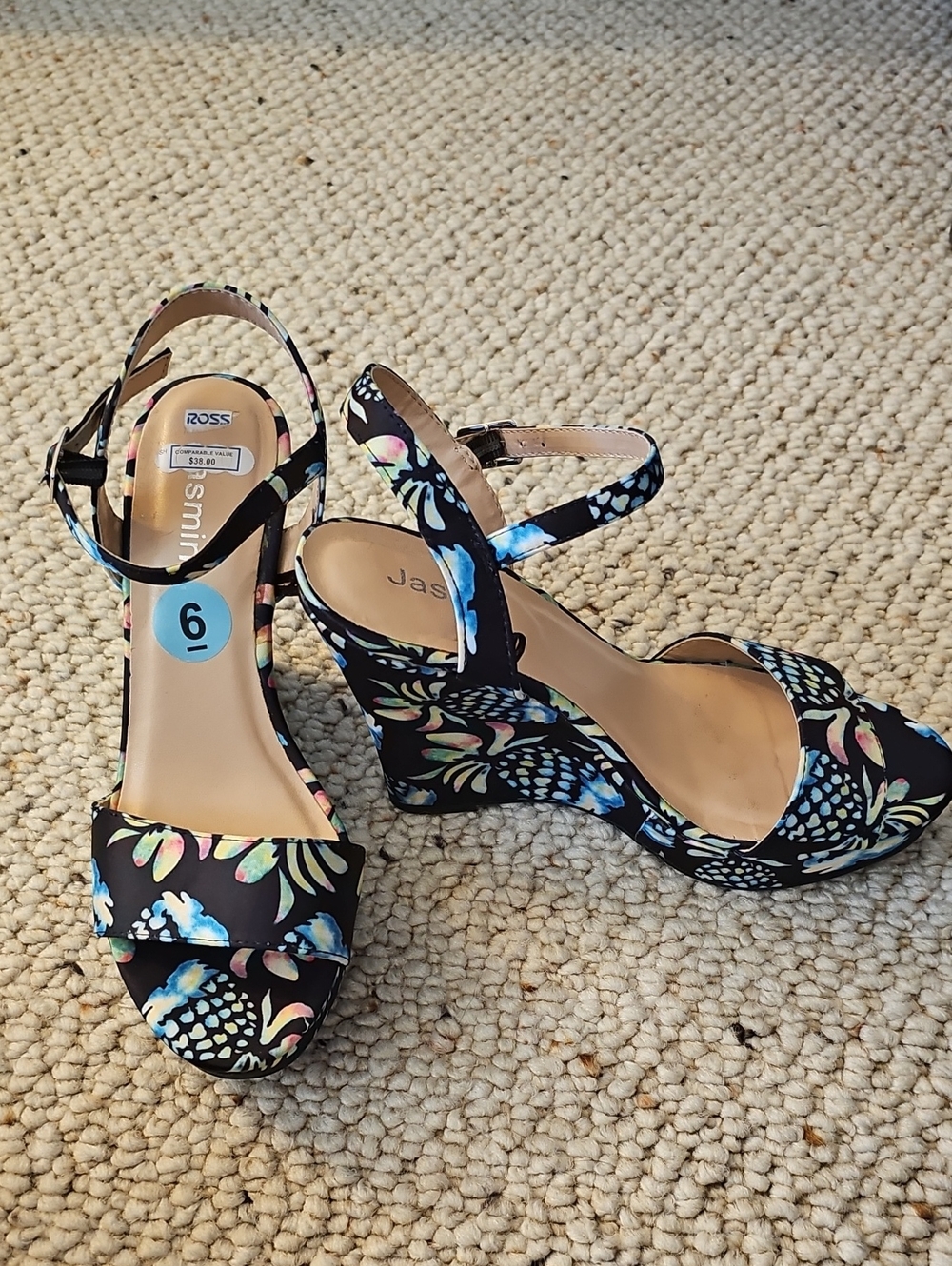 Jasmine Black Floral Print Ankle-Strap Wedge Sandals
